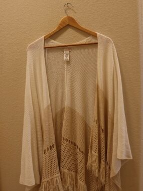 Gianni Bini Cream Open-Knit Fringe Cardigan